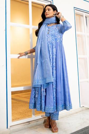 Blue anarkali embroidered pure cotton kurta set with dupatta