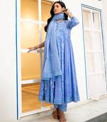 Blue anarkali embroidered pure cotton kurta set with dupatta