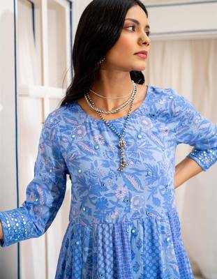Blue anarkali embroidered pure cotton kurta set with dupatta 2