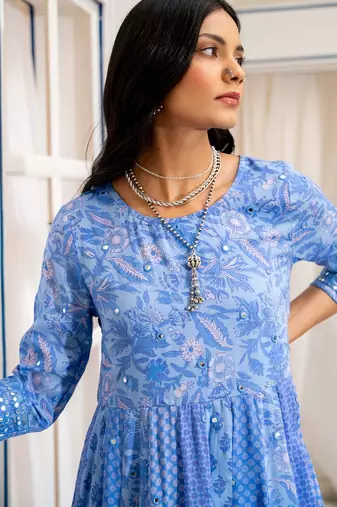 Blue anarkali embroidered pure cotton kurta set with dupatta