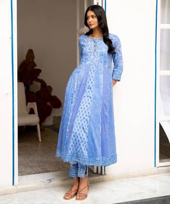 Blue anarkali embroidered pure cotton kurta set with dupatta 4