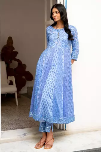 Blue anarkali embroidered pure cotton kurta set with dupatta
