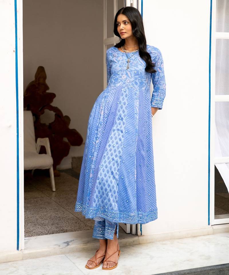 Blue anarkali embroidered pure cotton kurta set with dupatta