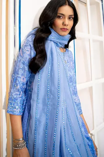 Blue anarkali embroidered pure cotton kurta set with dupatta