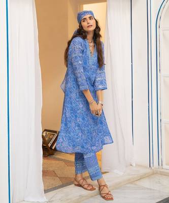 Blue floral embroidered pure cotton kurta set with dupatta 1