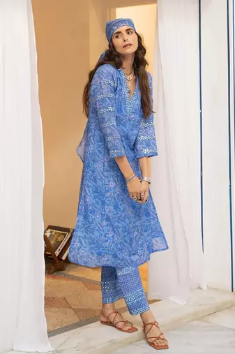 Blue floral embroidered pure cotton kurta set with dupatta