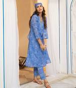 Blue floral embroidered pure cotton kurta set with dupatta