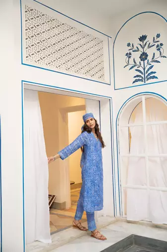 Blue floral embroidered pure cotton kurta set with dupatta