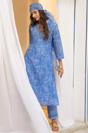 Blue floral embroidered pure cotton kurta set with dupatta