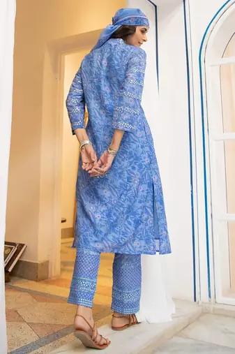 Blue floral embroidered pure cotton kurta set with dupatta