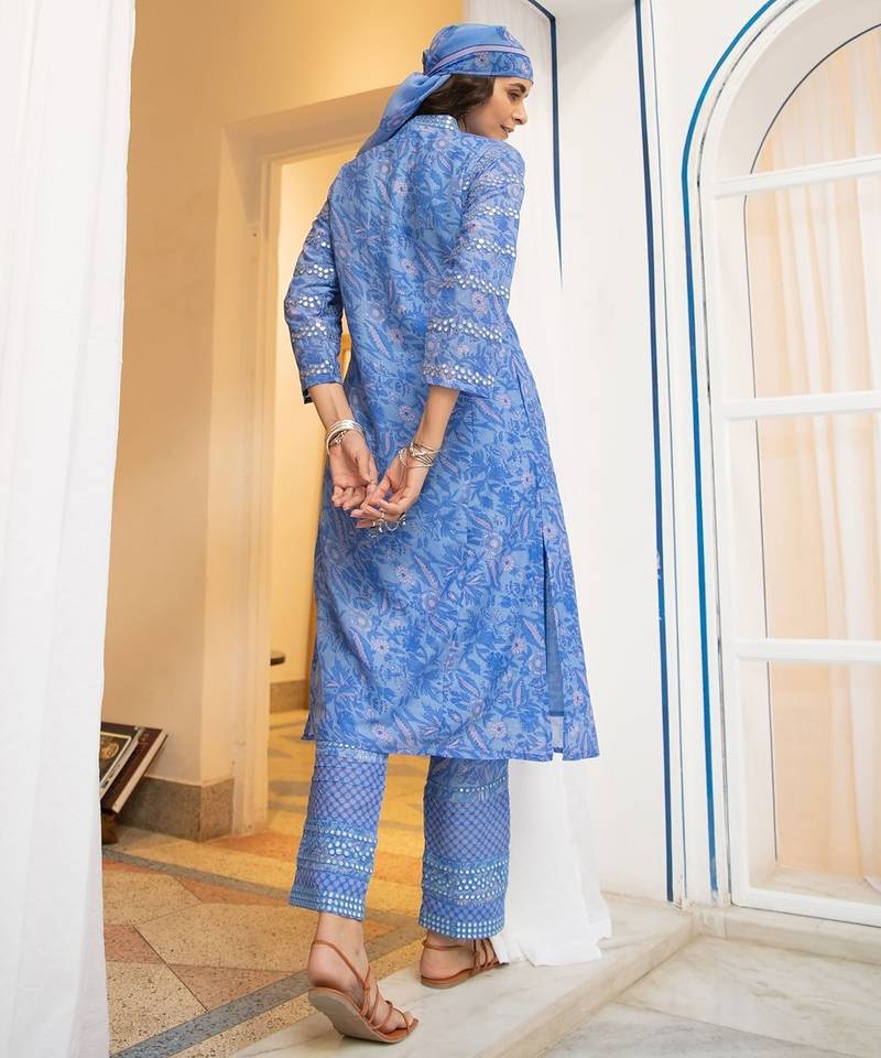 Blue floral embroidered pure cotton kurta set with dupatta
