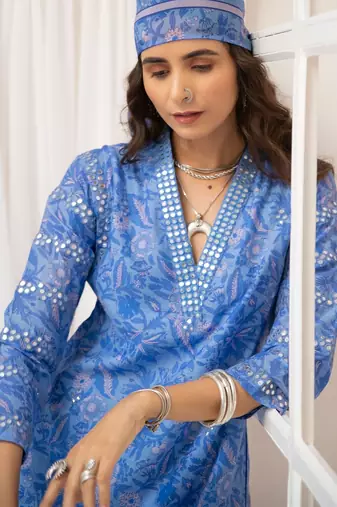 Blue floral embroidered pure cotton kurta set with dupatta