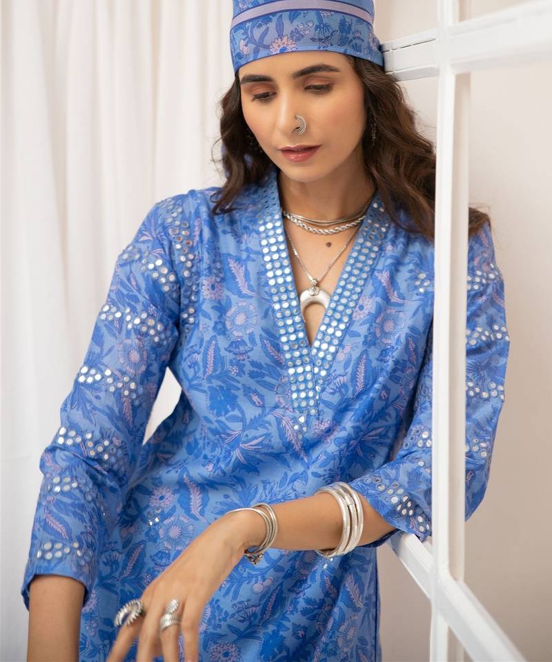 Blue floral embroidered pure cotton kurta set with dupatta