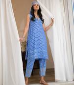 Blue floral butti embroidered pure cotton kurta set with dupatta