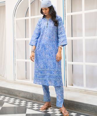Blue floral embroidered pure cotton kurta set with dupatta 1