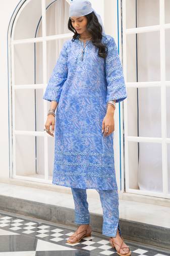 Blue floral embroidered pure cotton kurta set with dupatta