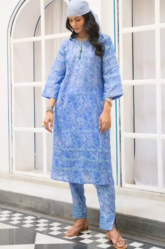 Blue floral embroidered pure cotton kurta set with dupatta