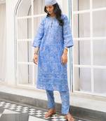 Blue floral embroidered pure cotton kurta set with dupatta