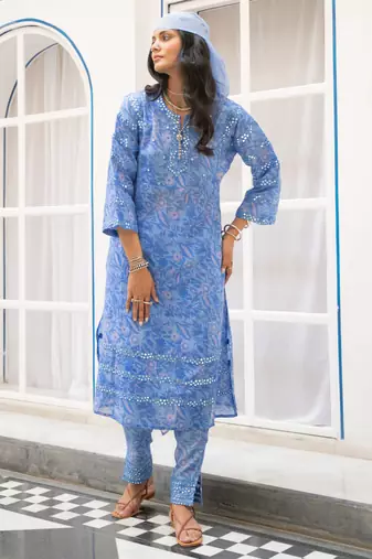 Blue floral embroidered pure cotton kurta set with dupatta