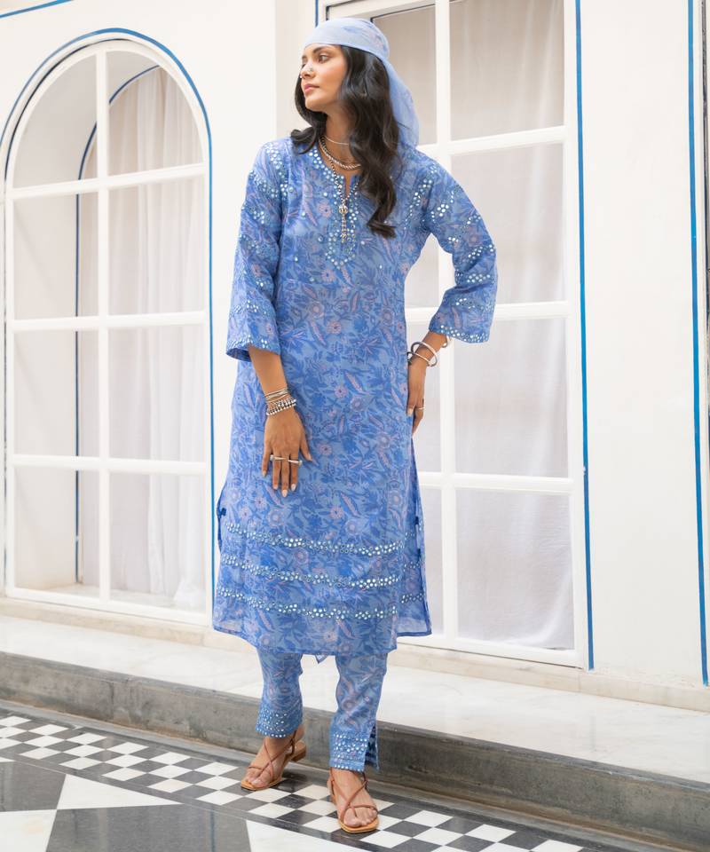 Blue floral embroidered pure cotton kurta set with dupatta