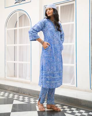 Blue floral embroidered pure cotton kurta set with dupatta 3