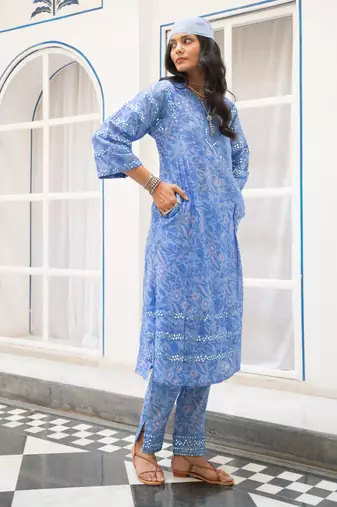 Blue floral embroidered pure cotton kurta set with dupatta
