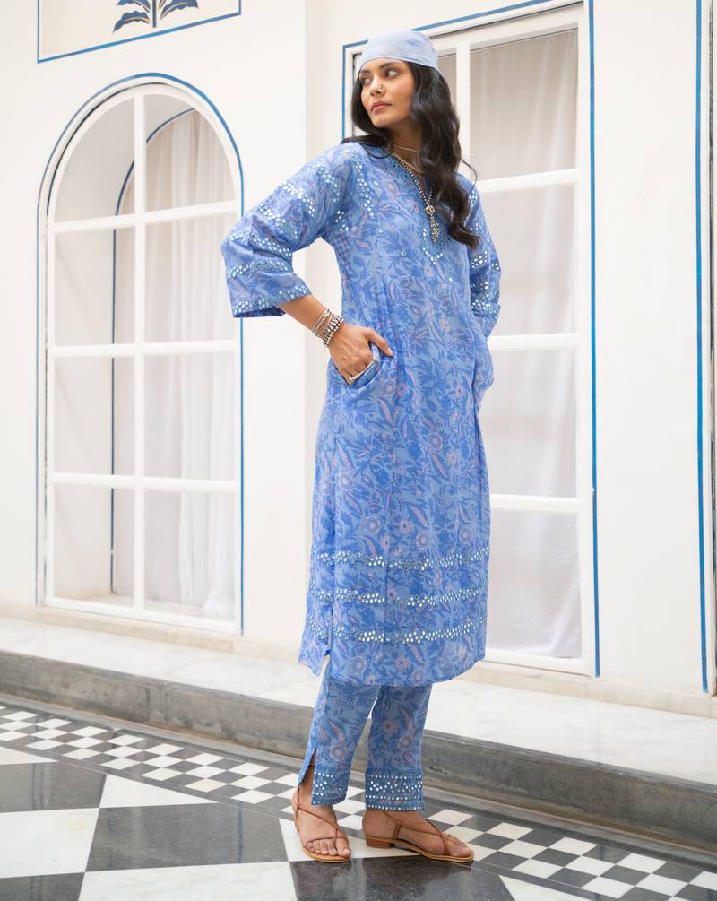 Blue floral embroidered pure cotton kurta set with dupatta