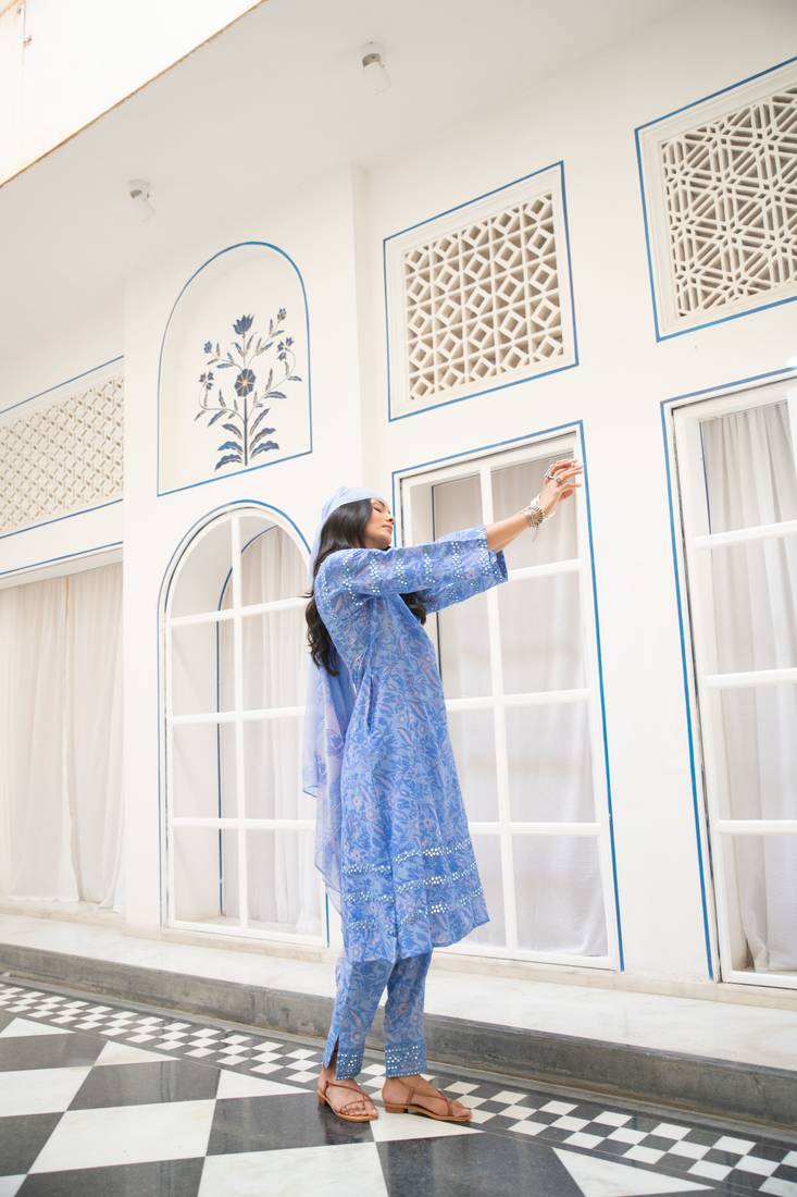 Blue floral embroidered pure cotton kurta set with dupatta