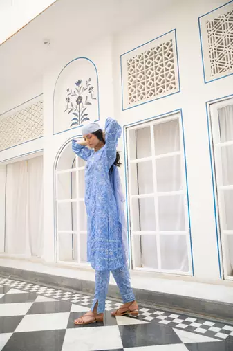 Blue floral embroidered pure cotton kurta set with dupatta
