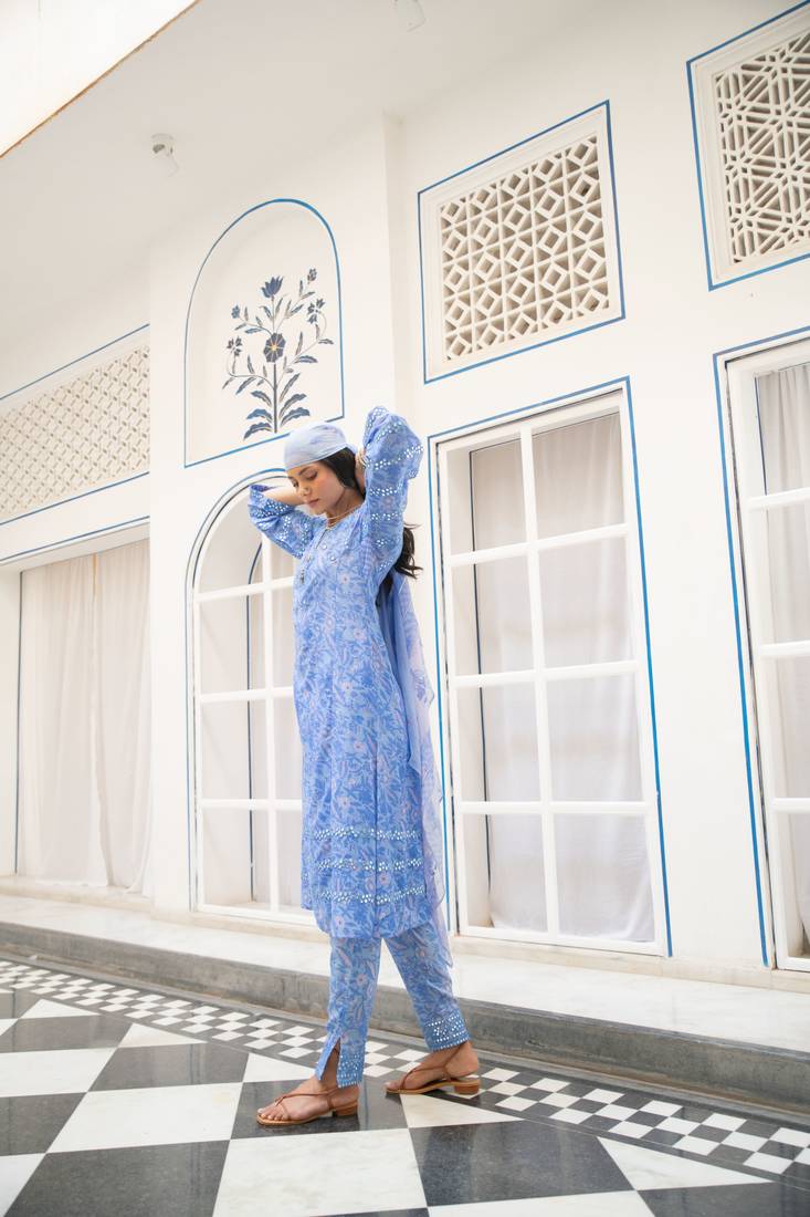 Blue floral embroidered pure cotton kurta set with dupatta