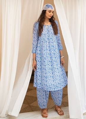 Blue floral embroidered pure cotton kurta set with dupatta 1