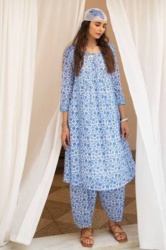 Blue floral embroidered pure cotton kurta set with dupatta