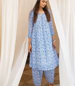 Blue floral embroidered pure cotton kurta set with dupatta