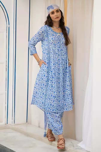 Blue floral embroidered pure cotton kurta set with dupatta
