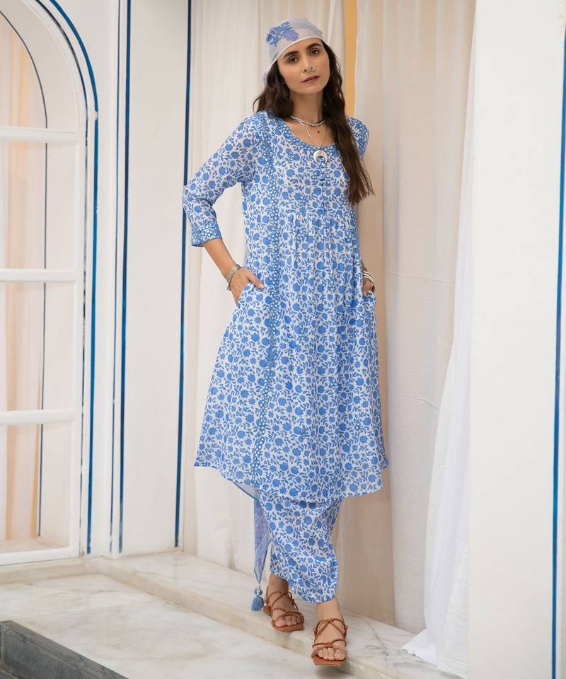 Blue floral embroidered pure cotton kurta set with dupatta