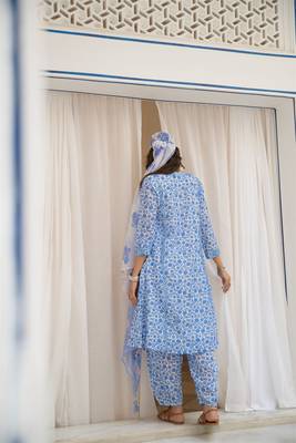 Blue floral embroidered pure cotton kurta set with dupatta 4