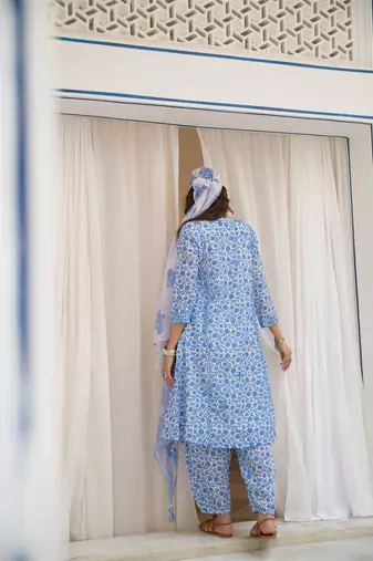 Blue floral embroidered pure cotton kurta set with dupatta