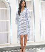 Blue white floral embroidered pure cotton kaftan