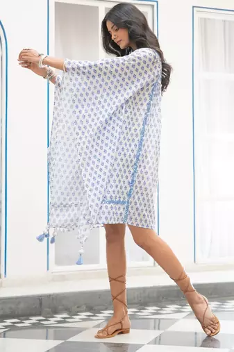 Blue white floral embroidered pure cotton kaftan
