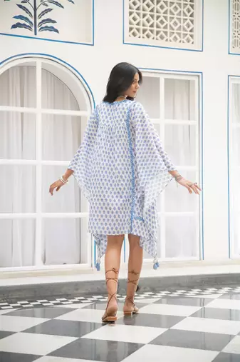 Blue white floral embroidered pure cotton kaftan