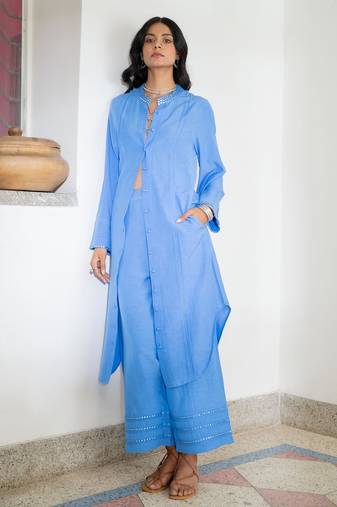 Blue embroidered linen kurta set