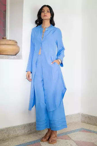 Blue embroidered linen kurta set