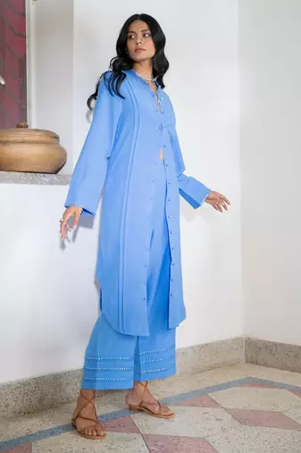 Blue embroidered linen kurta set