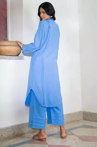 Blue embroidered linen kurta set