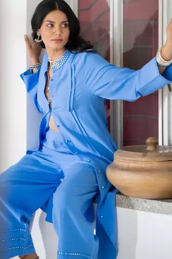 Blue embroidered linen kurta set