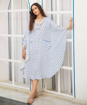 Blue white floral embroidered pure cotton shirt kaftan 1
