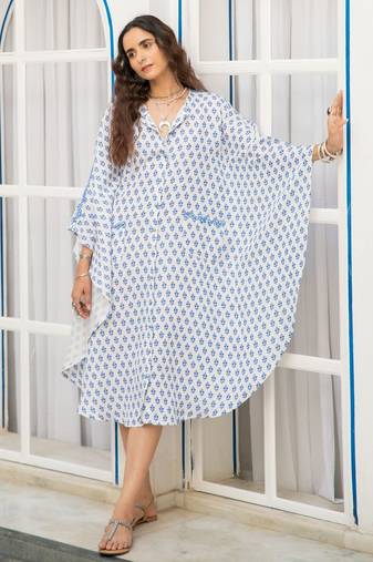 Blue white floral embroidered pure cotton shirt kaftan