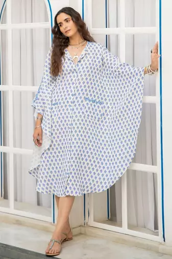 Blue white floral embroidered pure cotton shirt kaftan