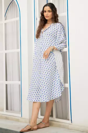 Blue white floral embroidered pure cotton shirt kaftan