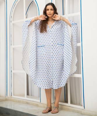 Blue white floral embroidered pure cotton shirt kaftan 3